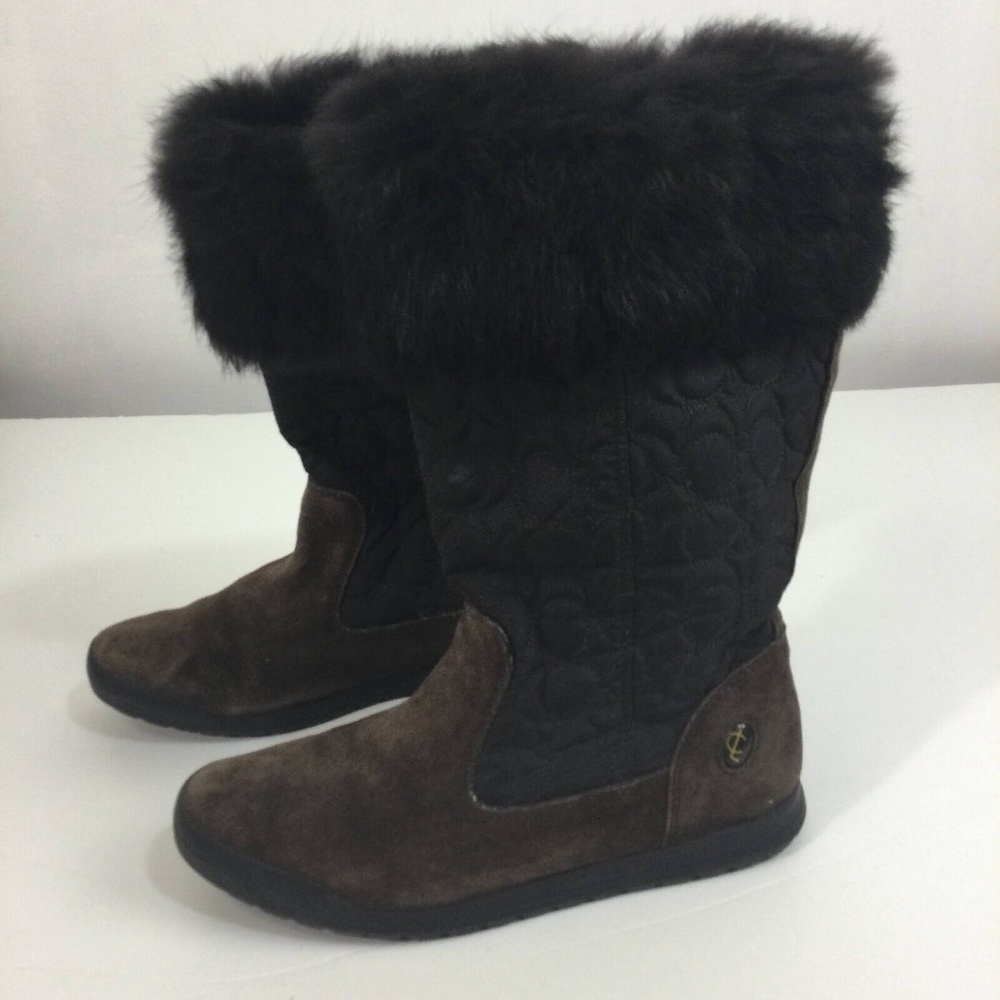 Coach Talen Suede Quilted Brown Rabbit Fur Cuff Snow Bunny Winter Boots 6.5M
